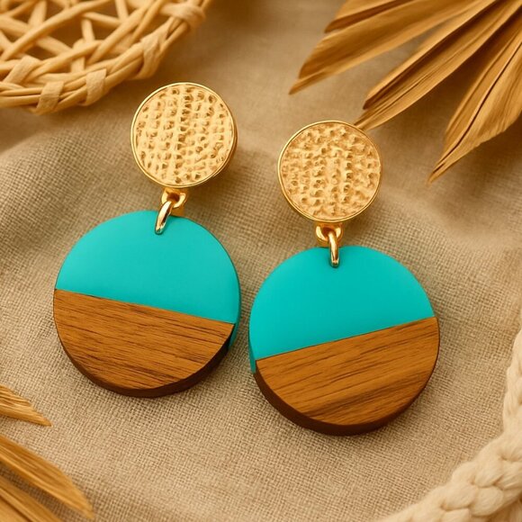 Boho Chic Turquoise Resin And Wood Drop Earrings Casual Elegant Trendy Design - Picture 5 of 12